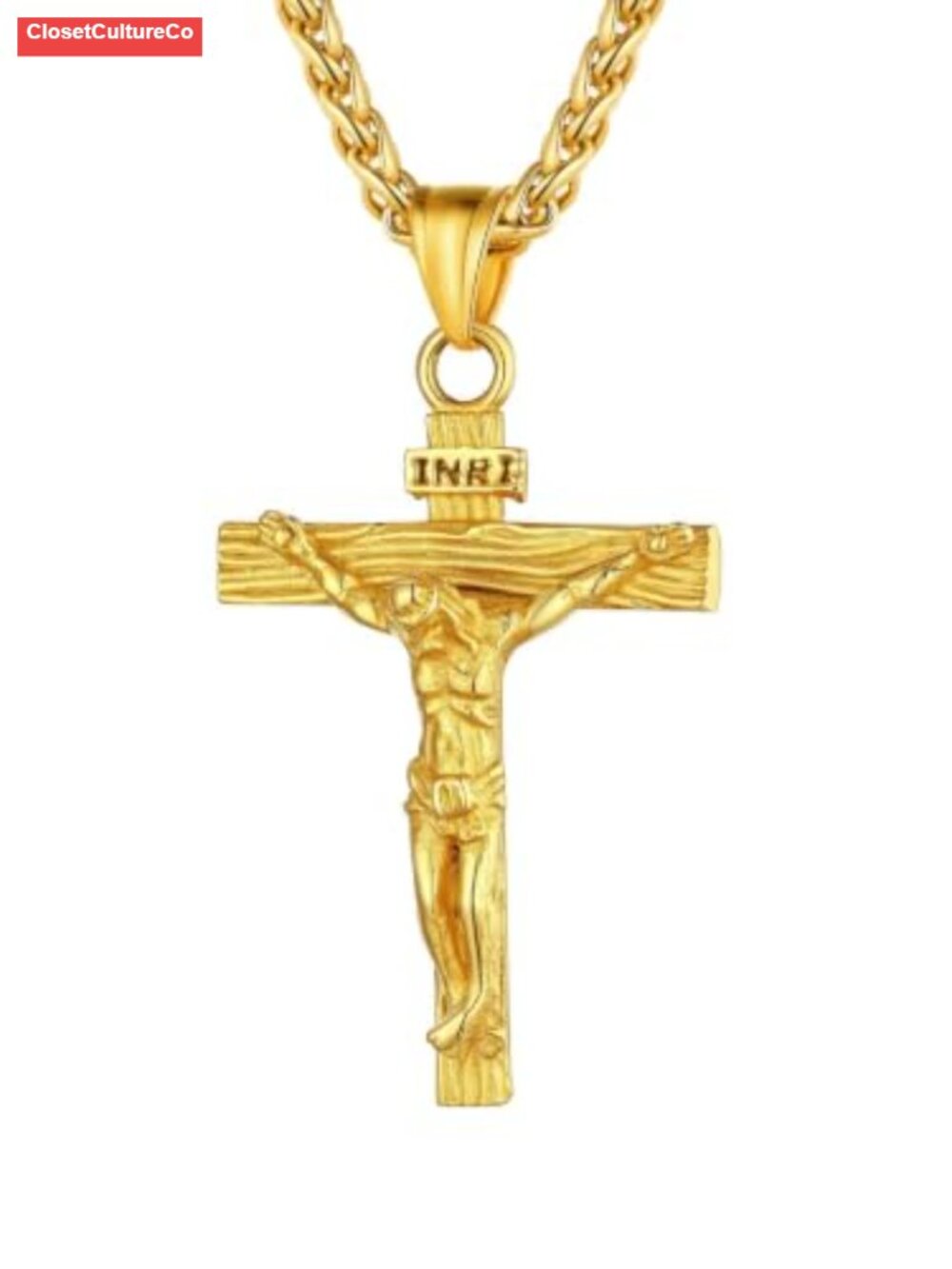 Crucifix Cross Necklace 18K Gold Plated Stainless Steel 24" Wheat Chain Men